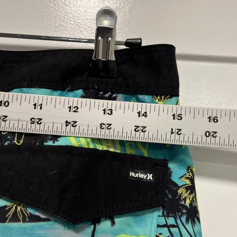 Hurley Board Shorts Mens 29 Teal Black Tropical Palm Shark Fin Swim Trunks